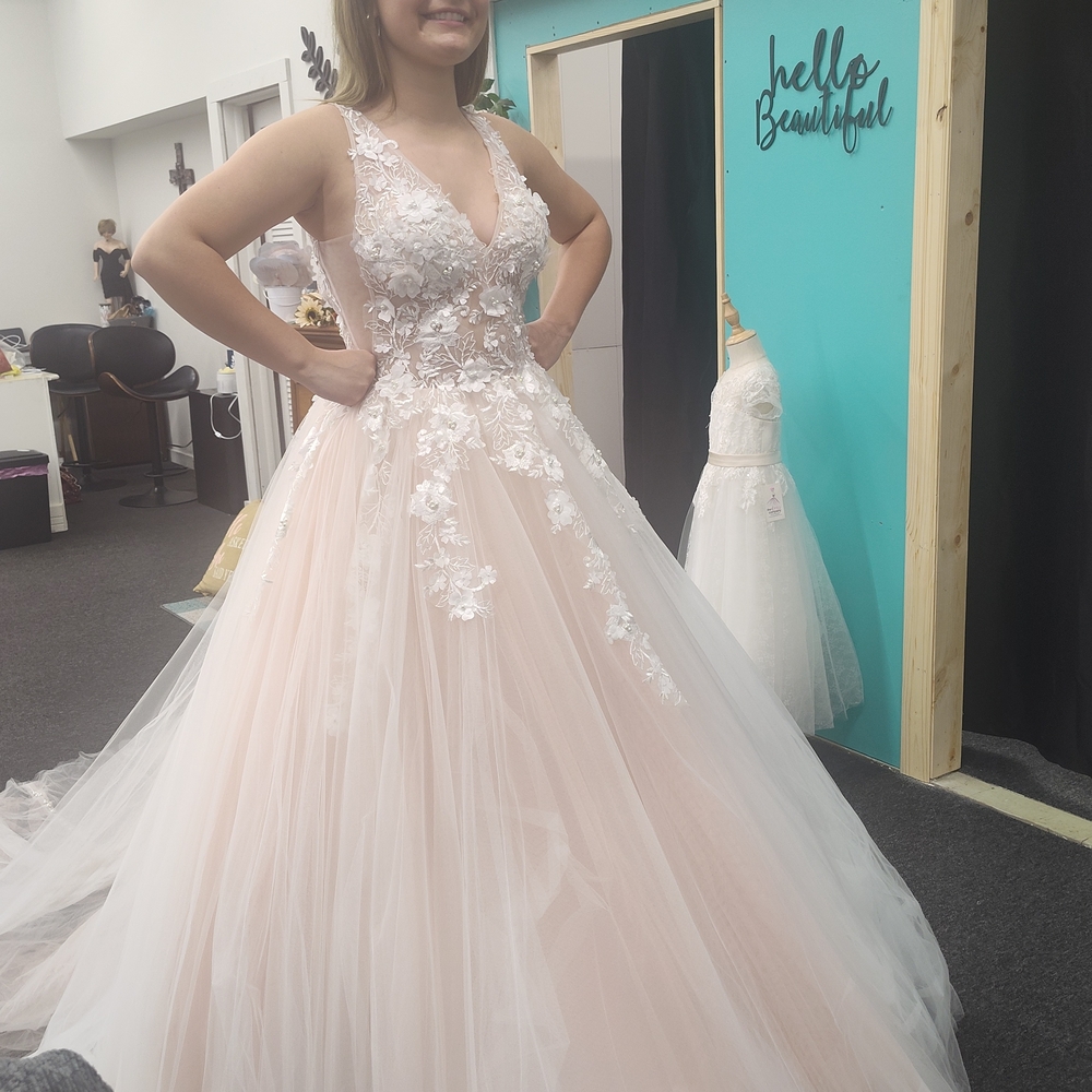 Jovani Blush and White Lace Wedding Dress